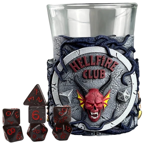 Stranger Things: Mini Dice Cup - Hellfire Club - 7pc Black & Red Polyhedral Set, Detailed Character Sculpt On Glass Cup, Collectible RPG Accessories
