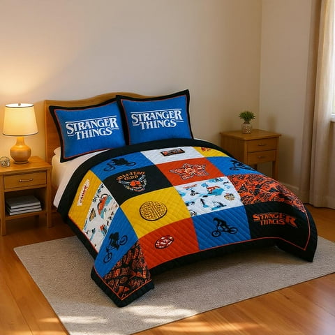 Netflix, Stranger Things Nostalgia Kids 3 Piece Multicolor Quilt and Sham Bedding Set, Queen