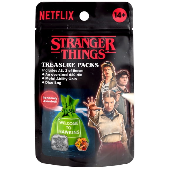 Stranger Things: Treasure Pack - 3 Blind Collectibles: d20 Die, Metal Ability Coin, Embroidered Dice Bag - Randomly Assorted, RPG Game Accessories