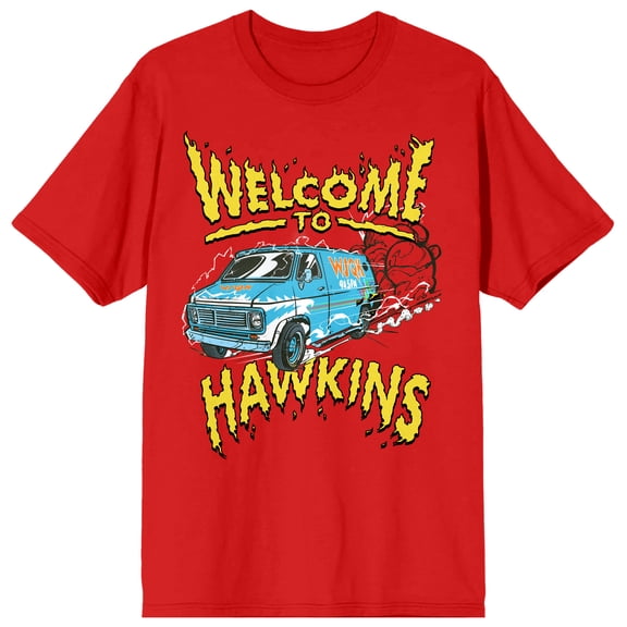 Stranger Things Welcome To Hawkins WSQK 94.5 FM Van Men's Red Short Sleeve Tee-XL