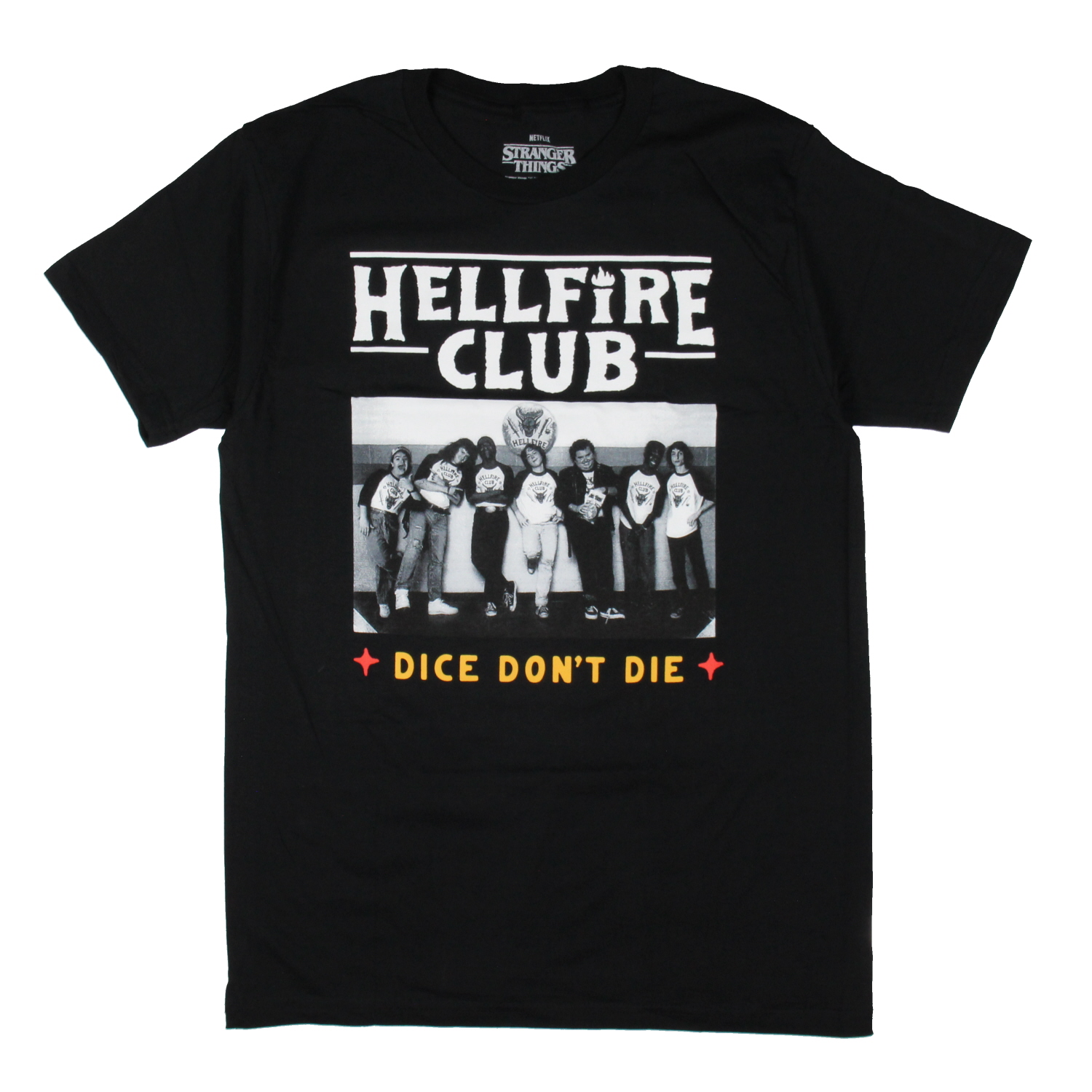 Strangers Things Men's Hellfire Club Group Picture Dice Don't Die Graphic Print TShirt