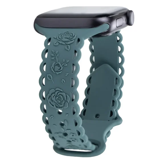 Strap for Apple Watch Band 44mm 42mm 41mm 40mm 45mm 49mm 46mm Floral Engraved bracelet correa for iWAtch series 10 9 7 SE 6 8 Ultra2 (pine green,38 40 41 S10-42MM)