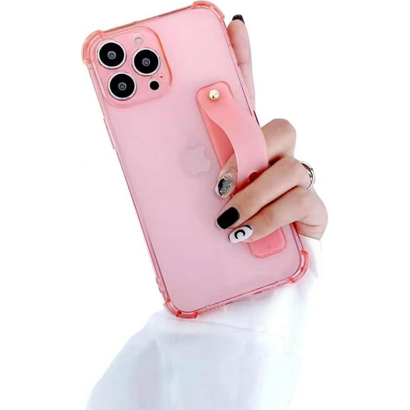 Strap Case for 6.7" iPhone 12 Pro Max with Wristband Kickstand, Clear Soft TPU Protective Shockproof Bumper Cover, Adjustable Hand Grip Loop for iPhone 12 Pro Max 6.7 Inch, Pink