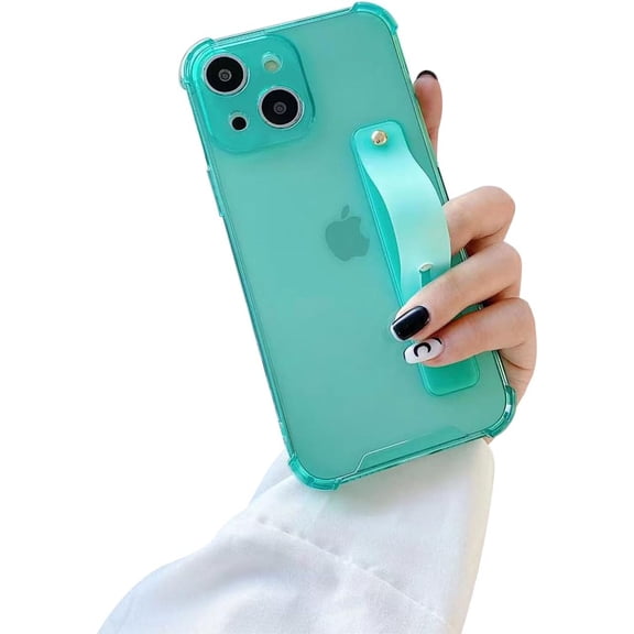 Strap Case for 6.7" iPhone 15 Plus with Wristband Kickstand, Clear Soft TPU Protective Shockproof Bumper Rugged Cover, Adjustable Hand Grip Loop for iPhone 15 Plus 6.7 Inch, Green