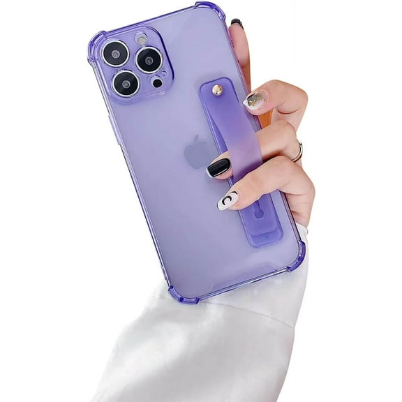 Strap Case for 6.7" iPhone 15 Pro Max with Wristband Kickstand, Clear Soft TPU Protective Shockproof Bumper Cover, Adjustable Hand Grip Loop for iPhone 15 Pro Max 6.7 Inch, Lavender Purple