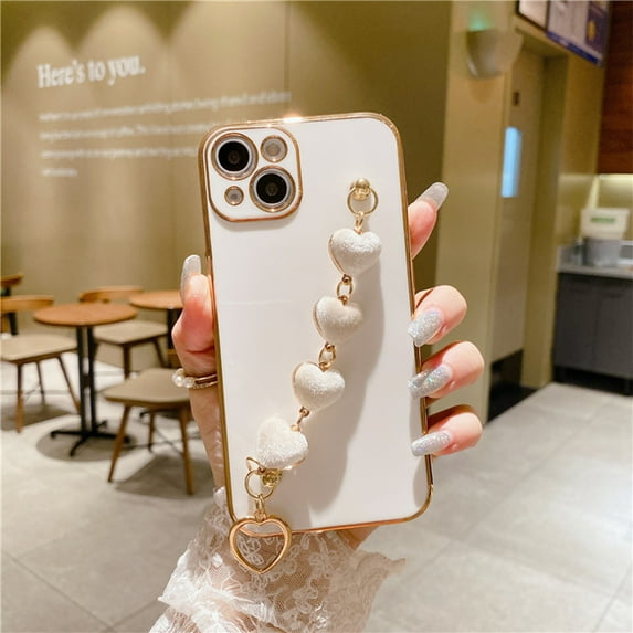 Strap Case Compatible with iPhone 14 Pro with Love Heart Chain Hand Strap Soft Shockproof Girly Women Case-White