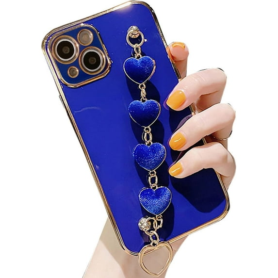 Strap Case for iPhone 14, Cute Luxury Plating Soft Flexible TPU with Love Heart Chain Bracelet Strap Holder Camera Protection Girly Women for Apple iPhone 14 6.1'' 2022 (Blue)