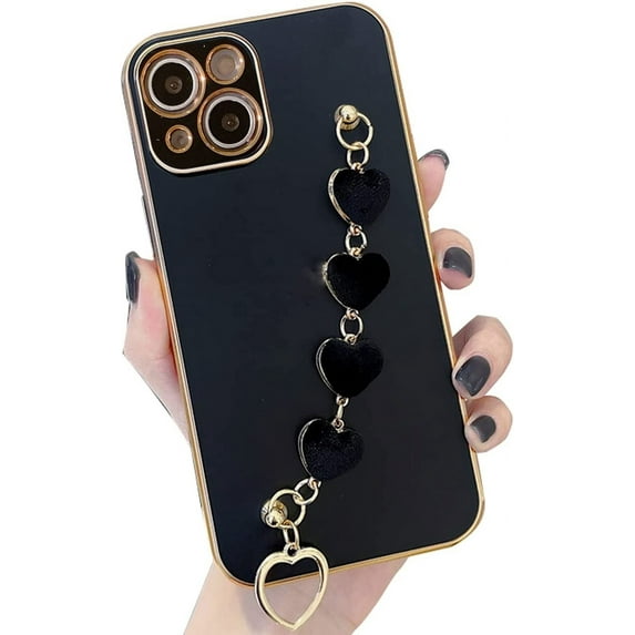 Strap Case for iPhone 14, Cute Luxury Plating Soft Flexible TPU with Love Heart Chain Bracelet Strap Holder Camera Protection Girly Women for Apple iPhone 14 6.1'' 2022 (Black)