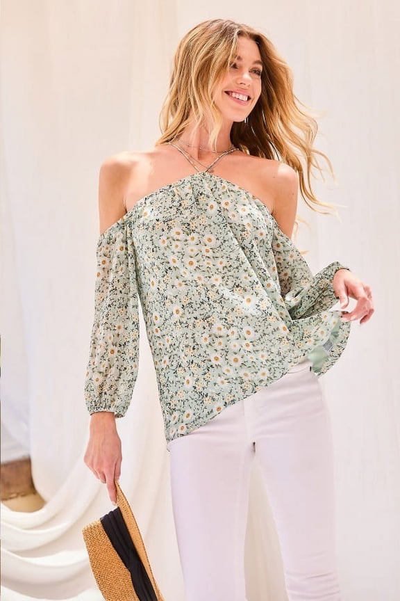 Strap Halter Neck Balloon Sleeve Floral Print Top Sea Foam ' M