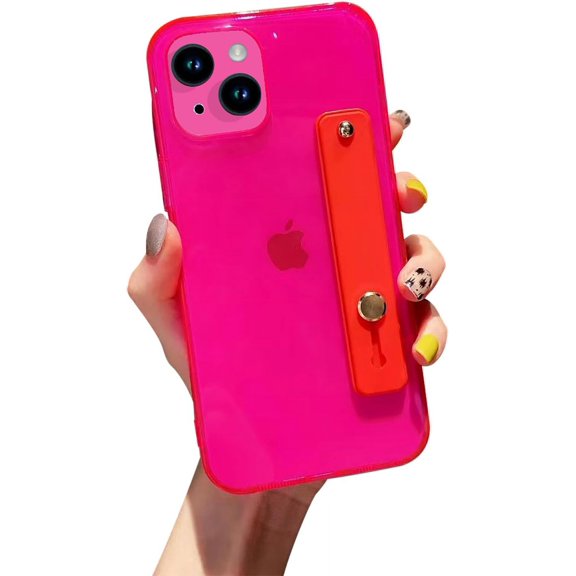 Strap Holder Case for 5.4" iPhone 13 Mini with Kickstand, Translucent PC Back Cover + Soft TPU Bumper with Adjustable Finger Grip Loop for iPhone 13 Mini 5.4 Inch, Neon Magenta