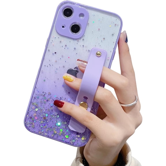 Strap Holder Case for 6.1" iPhone 13 with Convertible Stand, Bling Glitter Sparkle Clear Case Soft TPU Bumper Adjustable Finger Grip Loop for iPhone 13 (6.1-inch), Lavender Purple