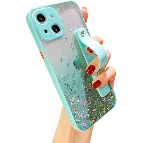 Strap Holder Case for 6.1" iPhone 13 with Convertible Stand, Bling Glitter Sparkle Clear Case Soft TPU Bumper Adjustable Finger Grip Loop for iPhone 13 (6.1-inch), Light Blue