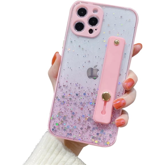 Strap Holder Case for 6.1" iPhone 13 Pro with Convertible Stand, Bling Glitter Sparkle Clear Case Soft TPU Bumper Adjustable Finger Grip Loop for iPhone 13 Pro 6.1 Inch, Pink