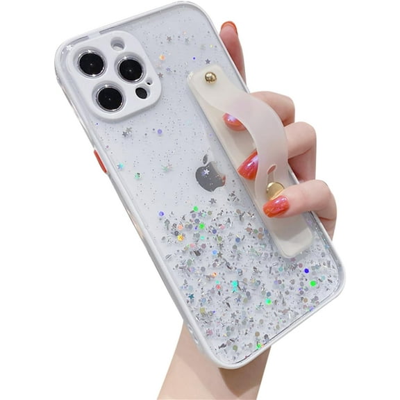 Strap Holder Case for 6.1" iPhone 14 Pro with Convertible Stand, Bling Glitter Sparkle Clear Case Soft TPU Bumper Adjustable Finger Grip Loop for iPhone 14 PRO 6.1 Inch, White