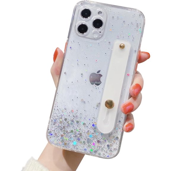 Strap Holder Case for 6.1" iPhone 15 Pro with Wristband Kickstand, Bling Glitter Sparkle Clear Cover Soft TPU Bumper Adjustable Hand Grip Loop for iPhone 15 PRO 6.1 Inch, Crystal Clear