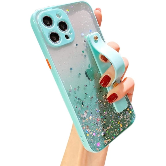 Strap Holder Case for 6.1" iPhone 15 Pro with Wristband Kickstand, Bling Glitter Sparkle Clear Cover Soft TPU Bumper Adjustable Hand Grip Loop for iPhone 15 PRO 6.1 Inch, Sky Blue