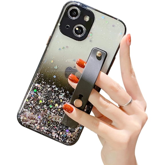 Strap Holder Case for 6.1" iPhone 15 with Wristband Kickstand, Bling Glitter Sparkle Clear Cover Soft TPU Bumper Adjustable Hand Grip Loop for iPhone 15 6.1 Inch, Black