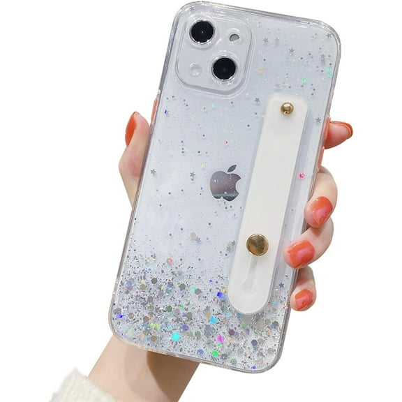Strap Holder Case for 6.1" iPhone 15 with Wristband Kickstand, Bling Glitter Sparkle Clear Cover Soft TPU Bumper Adjustable Hand Grip Loop for iPhone 15 6.1 Inch, Crystal Clear
