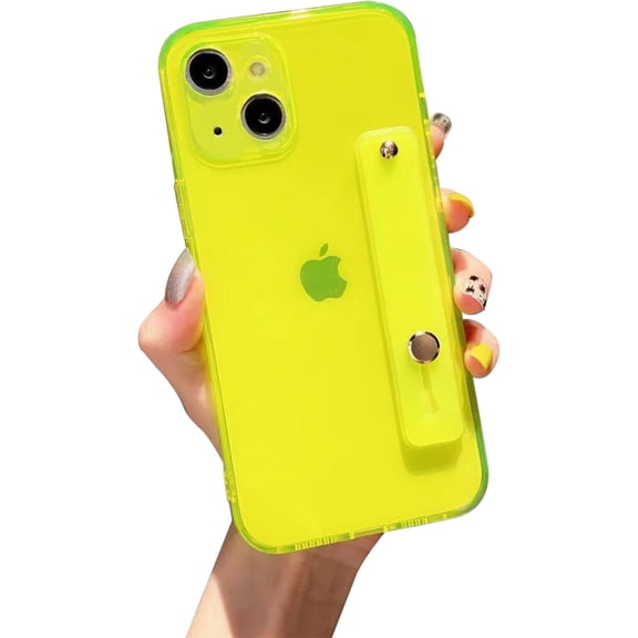 Strap Holder Case for 6.7" iPhone 15 Plus with Wristband Kickstand, Shockproof Translucent Back Cover, Soft TPU Bumper with Adjustable Hand Grip Loop for iPhone 15 Plus 6.7 Inch, Neon Green