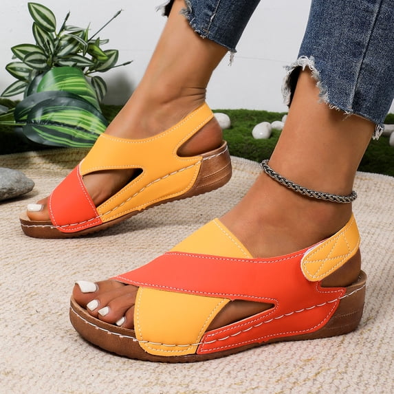 Strap Sandals, Strap Sandals for Women, Women Flat Sandals, Womens Orthopedic Sandals Summer Color Block Arch Support Shoes Casual Ankle Strap Slingback Platforms Comfortable Dress Shoes, Orange 9.5