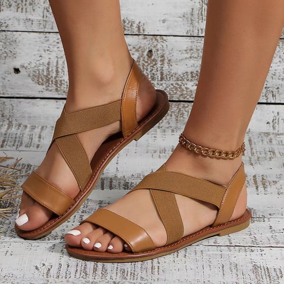 Strap Sandals, Women's Flat Sandals, Sandals With Back Strap, Women Flat Sandals, Women's Elastic Flat Sandals - Comfort Open Toe Elastic Ankle Strap Slip On Casual Walking Summer Shoes, Brown 8