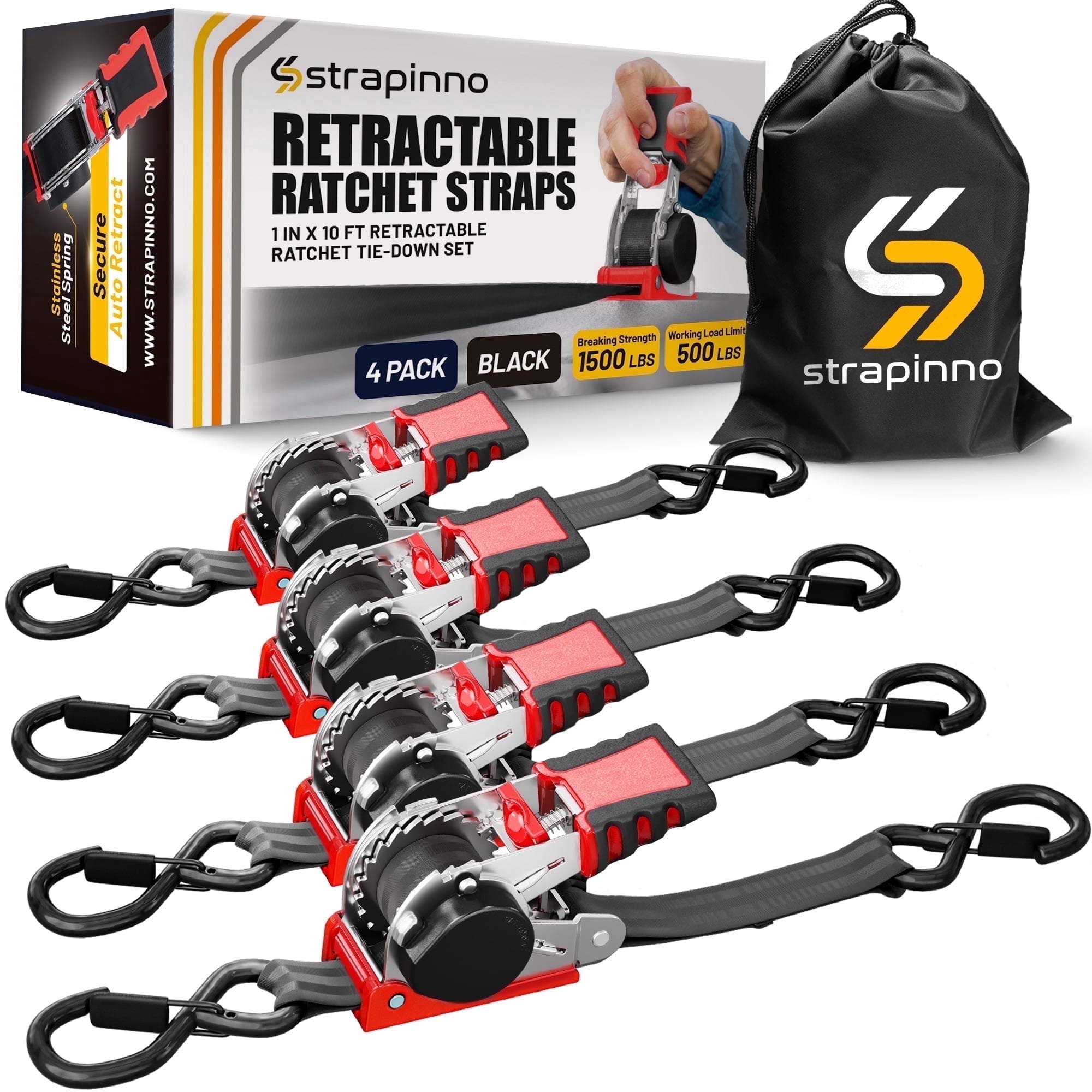 Strapinno Retractable Ratchet Straps 1 in x10ft, with Rubber-Coated Handles, S-Hooks, Secure Cargo Tie-Downs for Motorcycles, Bikes & Daily Use, Breaking Strength -1,500LBS/680KG (4 PK)