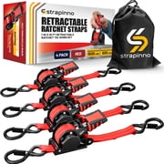 Strapinno Retractable Ratchet Straps 1 in x10ft, with Rubber-Coated Handles, S-Hooks, Secure Cargo Tie-Downs for Motorcycles, Bikes & Daily Use, Breaking Strength -1,500LBS/680KG 4 PK, Red