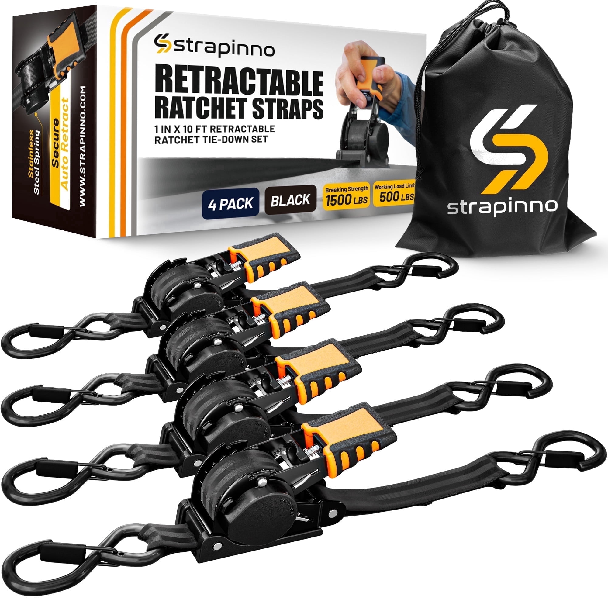 Strapinno Retractable Ratchet Straps 1 in x10ft, with Rubber-Coated Handles, S-Hooks, Secure Cargo Tie-Downs for Motorcycles, Bikes & Daily Use, Breaking Strength -1,500LBS/680KG (Black, 4 PK)