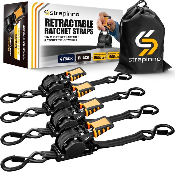 Strapinno Retractable Ratchet Straps 1 in x10ft, with Rubber-Coated Handles, S-Hooks, Secure Cargo Tie-Downs for Motorcycles, Bikes & Daily Use, Breaking Strength -1,500LBS/680KG (Black, 4 PK)