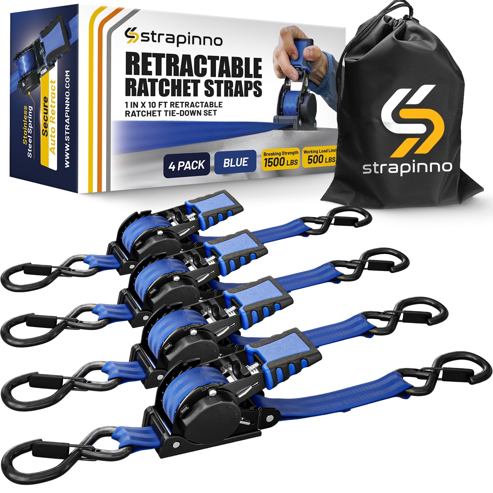 Strapinno Retractable Ratchet Straps 1 in x10ft, with Rubber-Coated Handles, S-Hooks, Secure Cargo Tie-Downs for Motorcycles, Bikes & Daily Use, Breaking Strength -1,500LBS/680KG (4 PK, Blue)