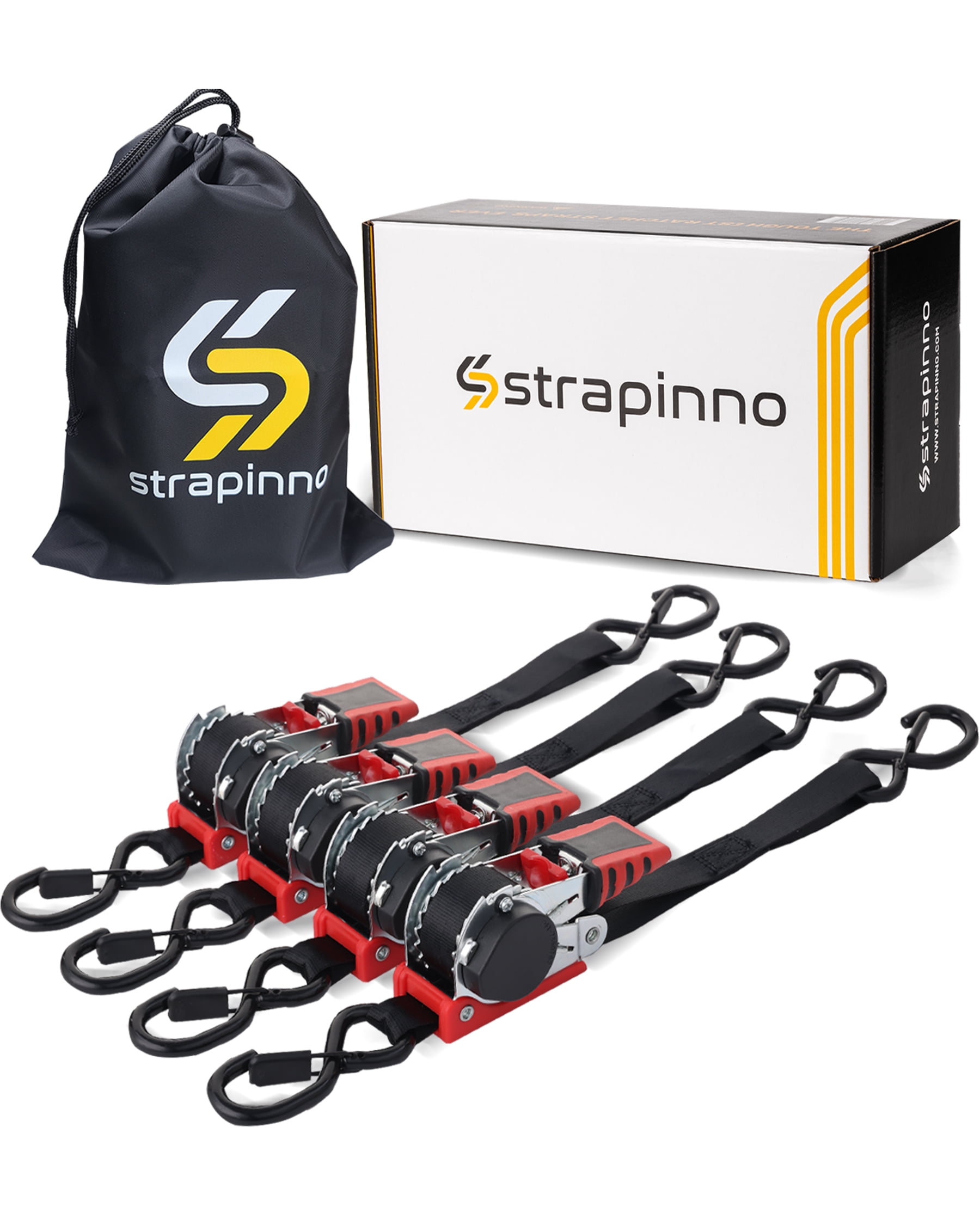 Strapinno Retractable Ratchet Straps 1 in x10ft, with Rubber-Coated Handles, S-Hooks, Secure Cargo Tie-Downs for Motorcycles, Bikes & Daily Use, Breaking Strength -1,500LBS/680KG (4 PK)