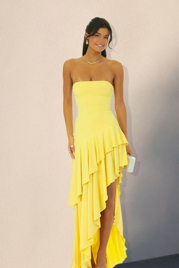 Strapless Asymmetrical Ruffle Dress (S, Yellow)