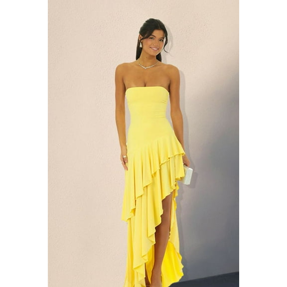 Strapless Asymmetrical Ruffle Dress (S, Yellow)