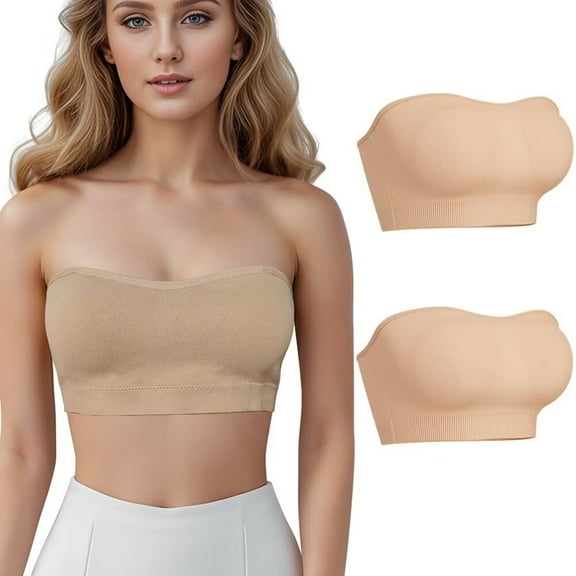 Strapless Bandeau Bra with Transparent Shoulder Strap Stretchy Tube Top Bra for Women 2Pack