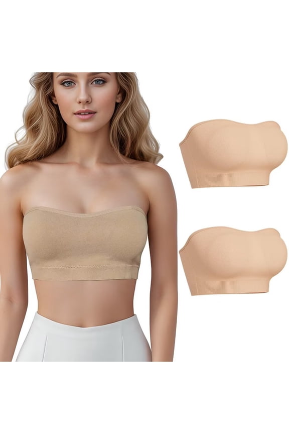 Strapless Bandeau Bra with Transparent Shoulder Strap Stretchy Tube Top Bra for Women 2Pack
