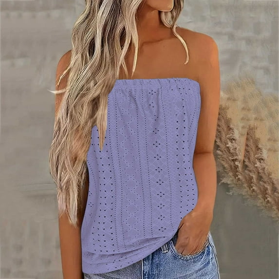 Strapless Bandeau Tank Tops for Women Summer Sleeveless Breathable Eyelet Tube Shirt Blouse Tanks