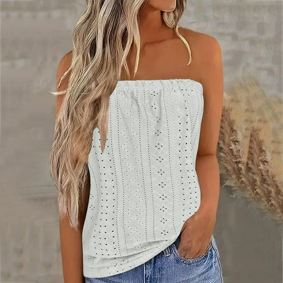 Strapless Bandeau Tank Tops for Women Summer Sleeveless Breathable Eyelet Tube Shirt Blouse Tanks