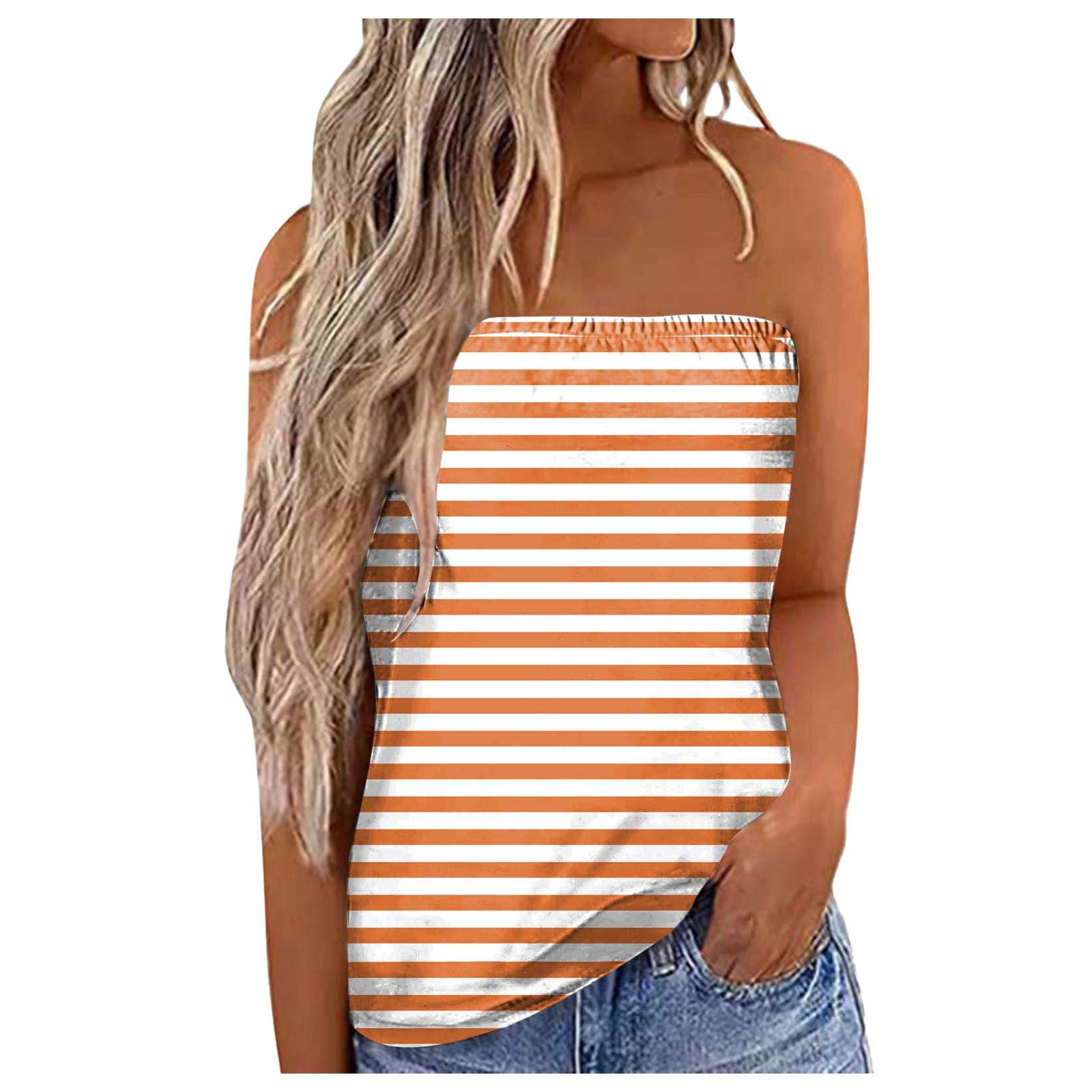 Strapless Bandeau Tops Simple Strapless Tube Shirts Lounge Tube Top Summer Blouse T Shirt Orange M Walmart