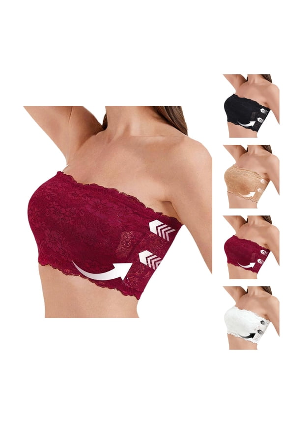 Strapless Bars for Women Floral Lace Non Bandeau Bra Clear Straps Tube Top Padded Bralette