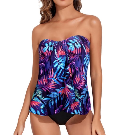 Strapless Bathing Suit, Strapless Bathing Suits for Women, Two Piece Tankini Bathing Suits for Women Halter Bandeau Swim Top With Bottom Flyaway Tummy Control Swimsuit, Dark Blue XXL