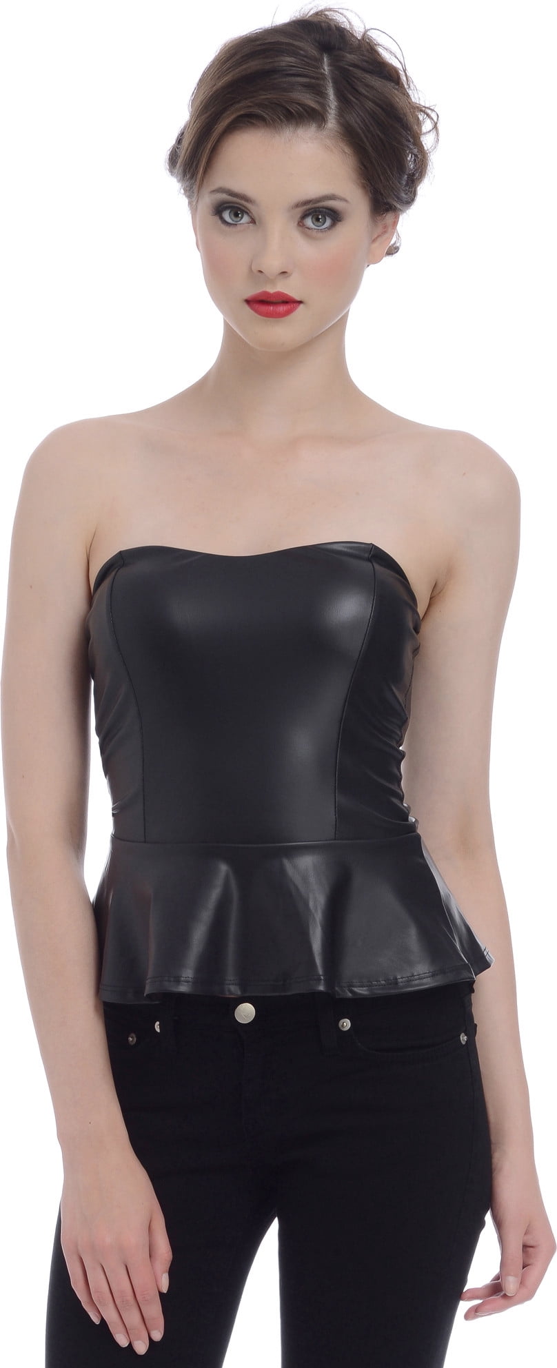 Strapless Black Faux Leather Bustier Peplum Top