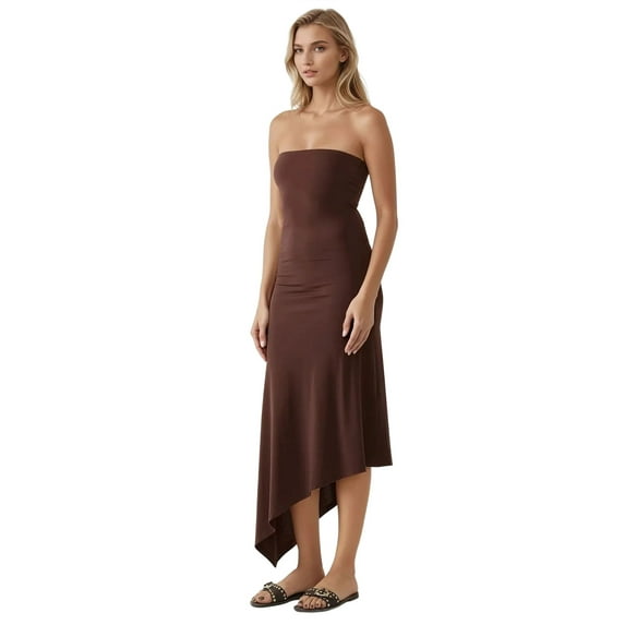 Strapless Bodycon Maxi Dress with Asymmetric Hem