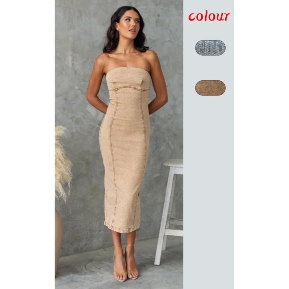 Strapless Bodycon Midi Dress (M, LeopardBeige)