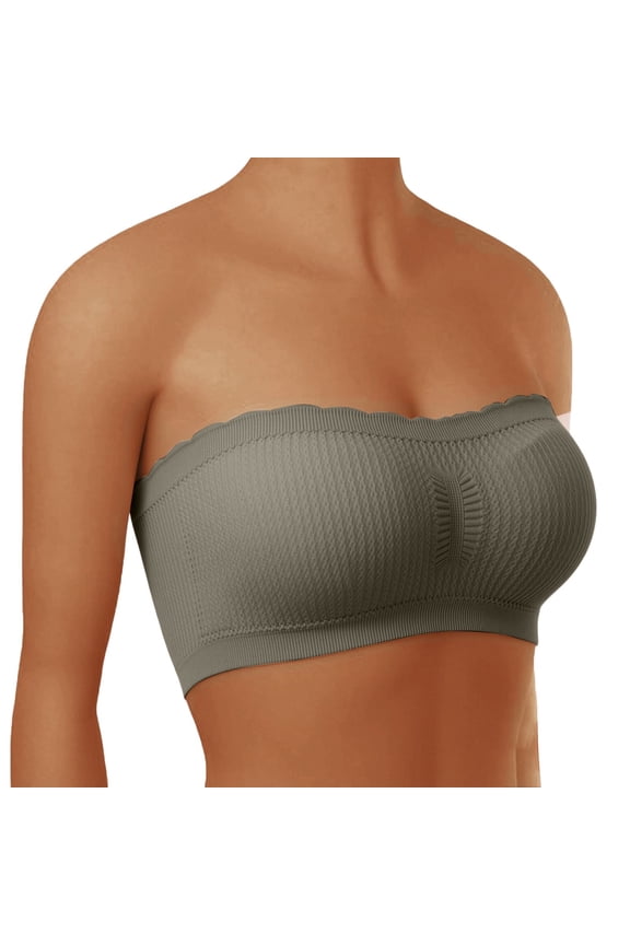 Strapless Bra Ribbed Scalloped Edge Non-Slip Seamless Breathable Bandeau Bra Lift Support Push Up Strapless Bras Supportive Bandeau Bra Non Slip Wireless No Underwire Padded Tube Bra Green 3Xl