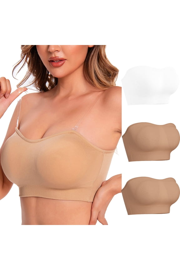 Strapless Bra for Women 3 Pack Wirefree Bandeau Bras Wireless Crop Tube Top Bra Non-Slip Seamless Bandeau with Clear Straps