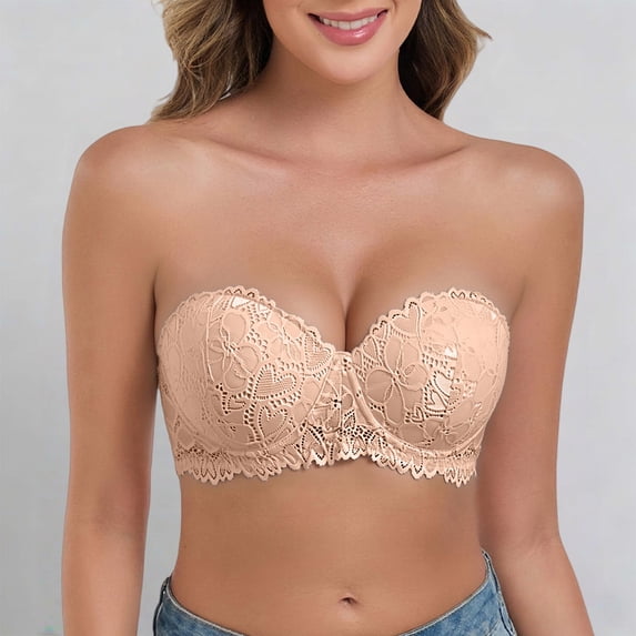 Strapless Bra for Women qinhaie Women's Strapless High Support Lace Bra, Comfortable Breathable Wireless, Non-Slip Stay Up Bandeau Beige Bra