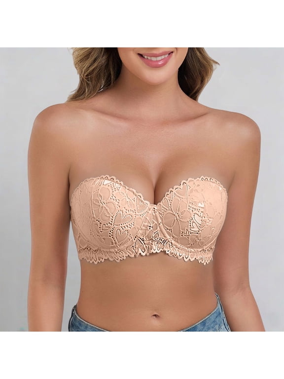 Strapless Bra for Women qinhaie Women's Strapless High Support Lace Bra, Comfortable Breathable Wireless, Non-Slip Stay Up Bandeau Beige Bra
