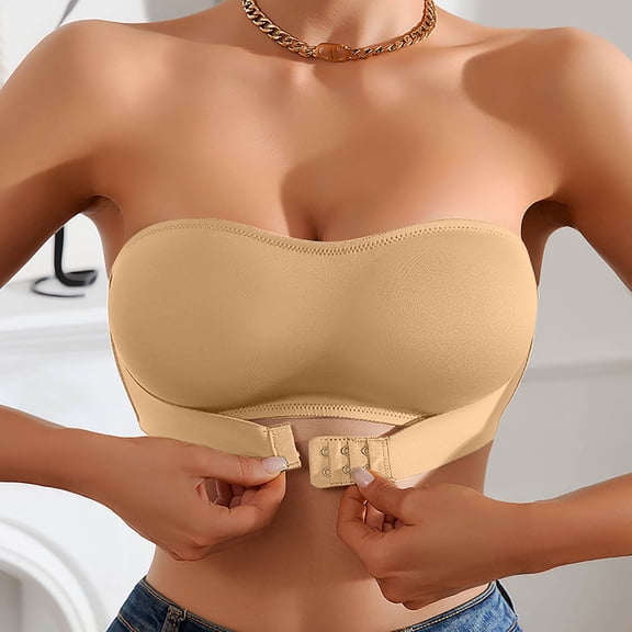 Strapless Bras For Women Push Up Non- Front Closure Bras Padded Bandeau Bra Seamless Wireless Tube Top Bralette Sports Bras For Women No Underwire Lightly Lined T-Shirt Bras Khaki,S