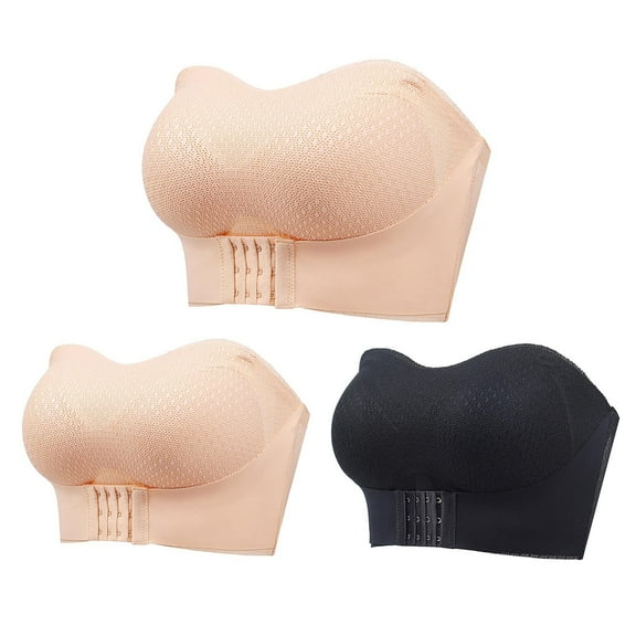 Strapless Bras for Women 3 Pack Plus Size M-6X Wireless Push Up Bandeau Bralettes Lightweight Solid Color Breathable Multipack Support Underwear Bra