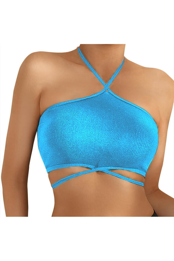 Strapless Bras for Women Crossover Closure Padded Bandeau Push Up Wireless Full Coverage Tube Top Yoga Workout Bra,Blue,42 B